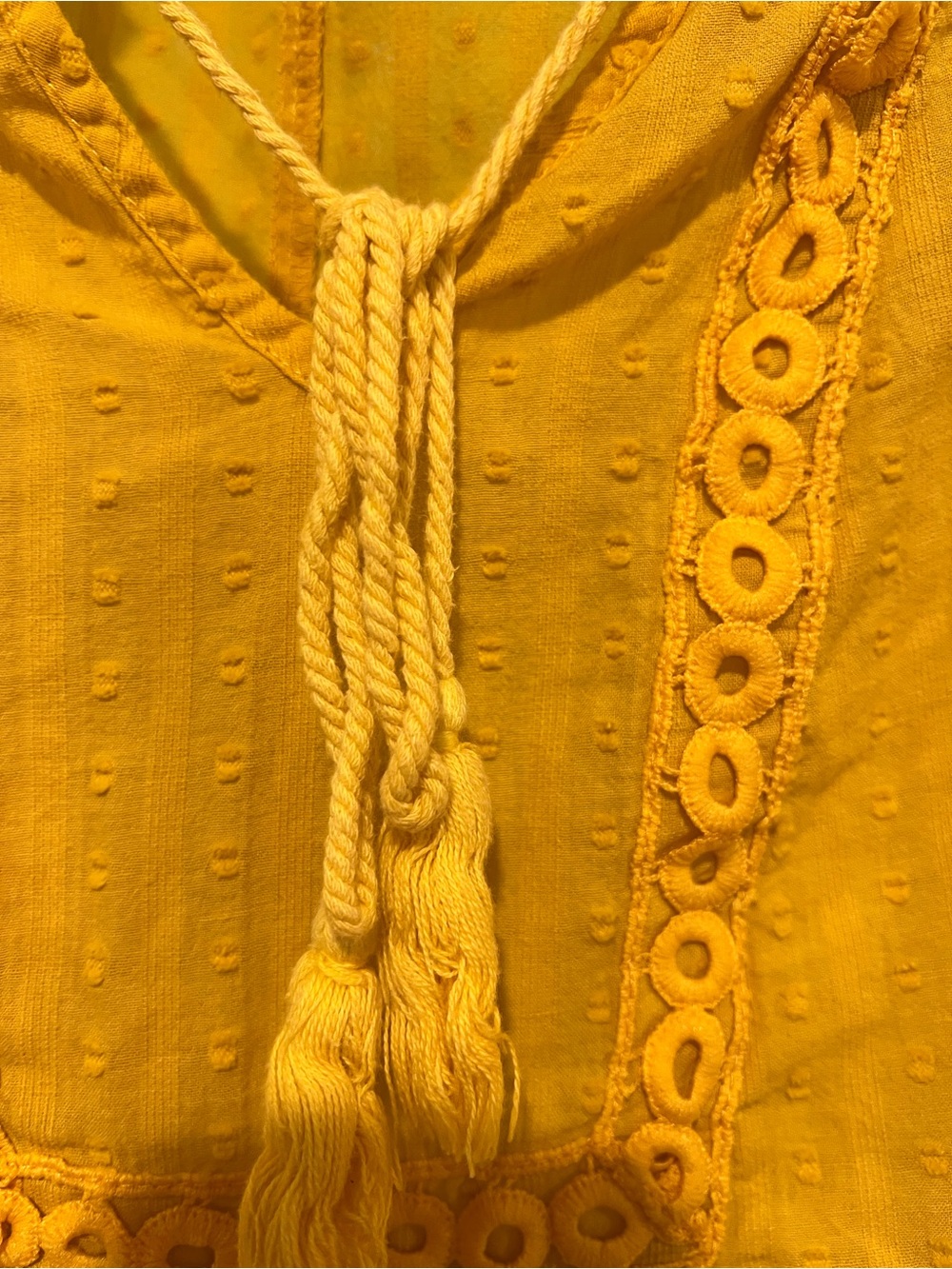BloomChic Mustard Yellow Textured Peasant Top with Tassel - Picture 3 of 5